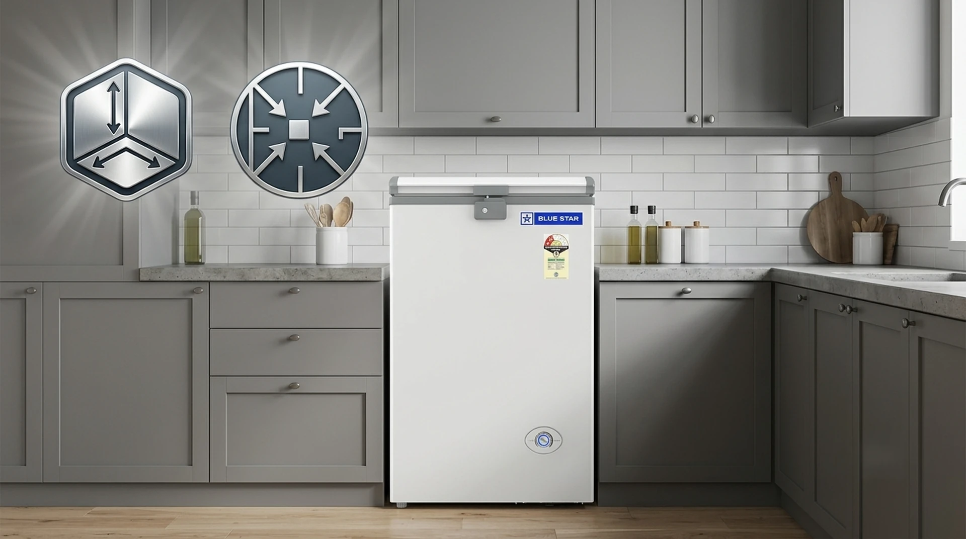 Compact Blue Star CF3-130NEYW hard top deep freezer suited for kitchen and commercial spaces