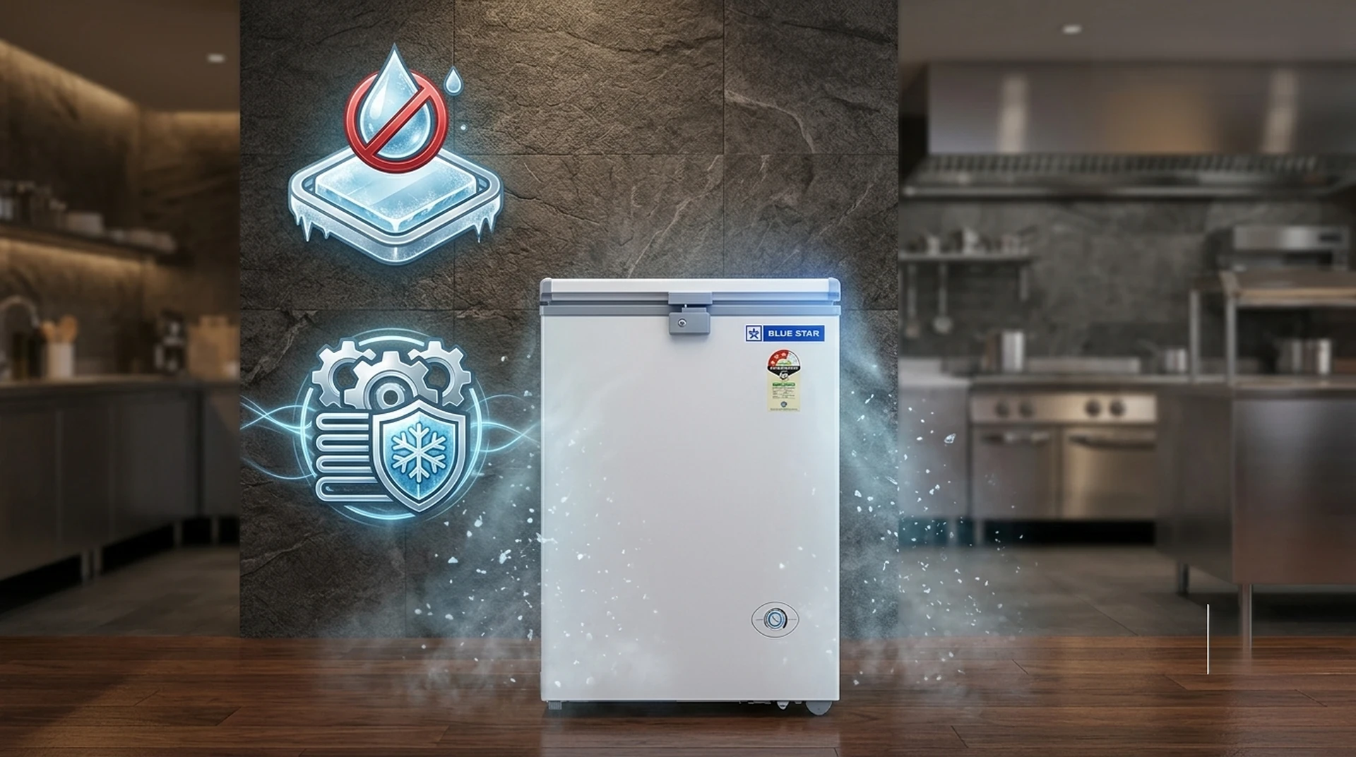 Frosted inner lid design of Blue Star CF3-130NEYW deep freezer preventing condensation