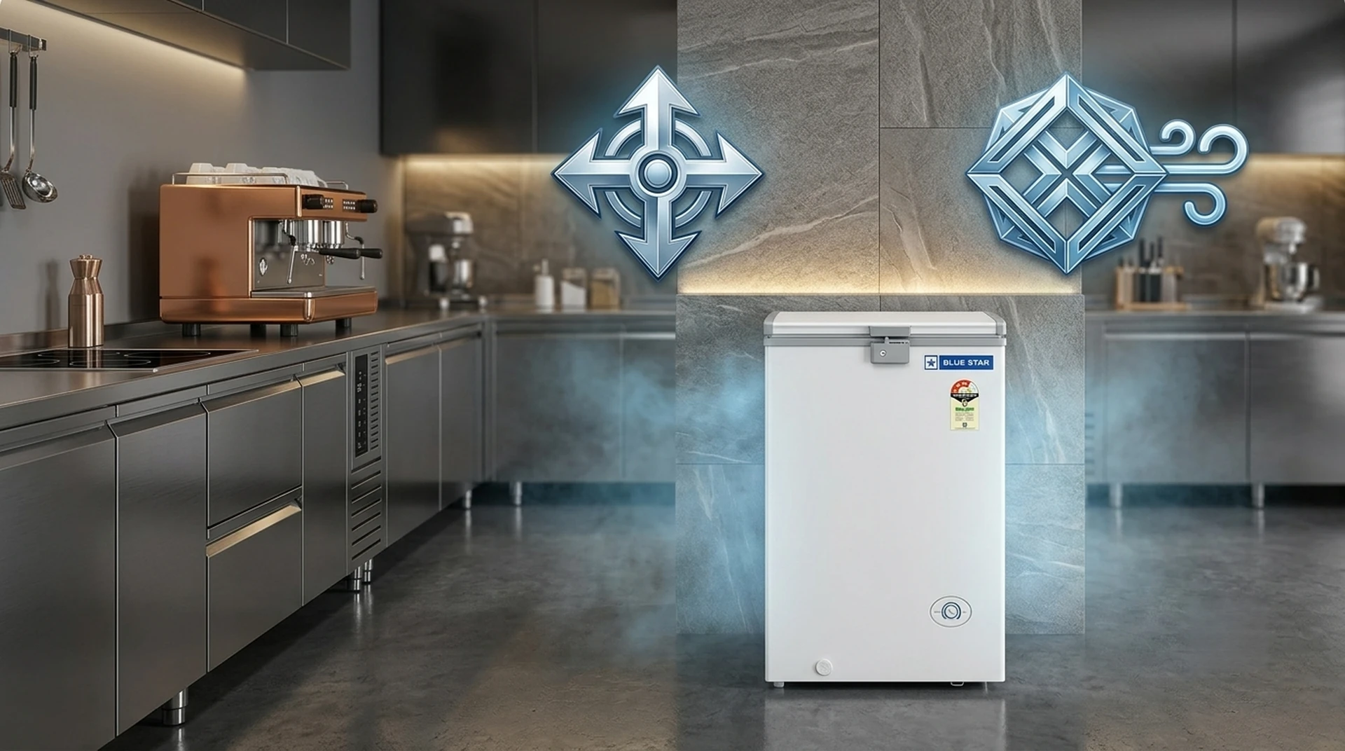 Quadra Cool technology diagram showing four-sided cooling in Blue Star CF3-130NEYW deep freezer