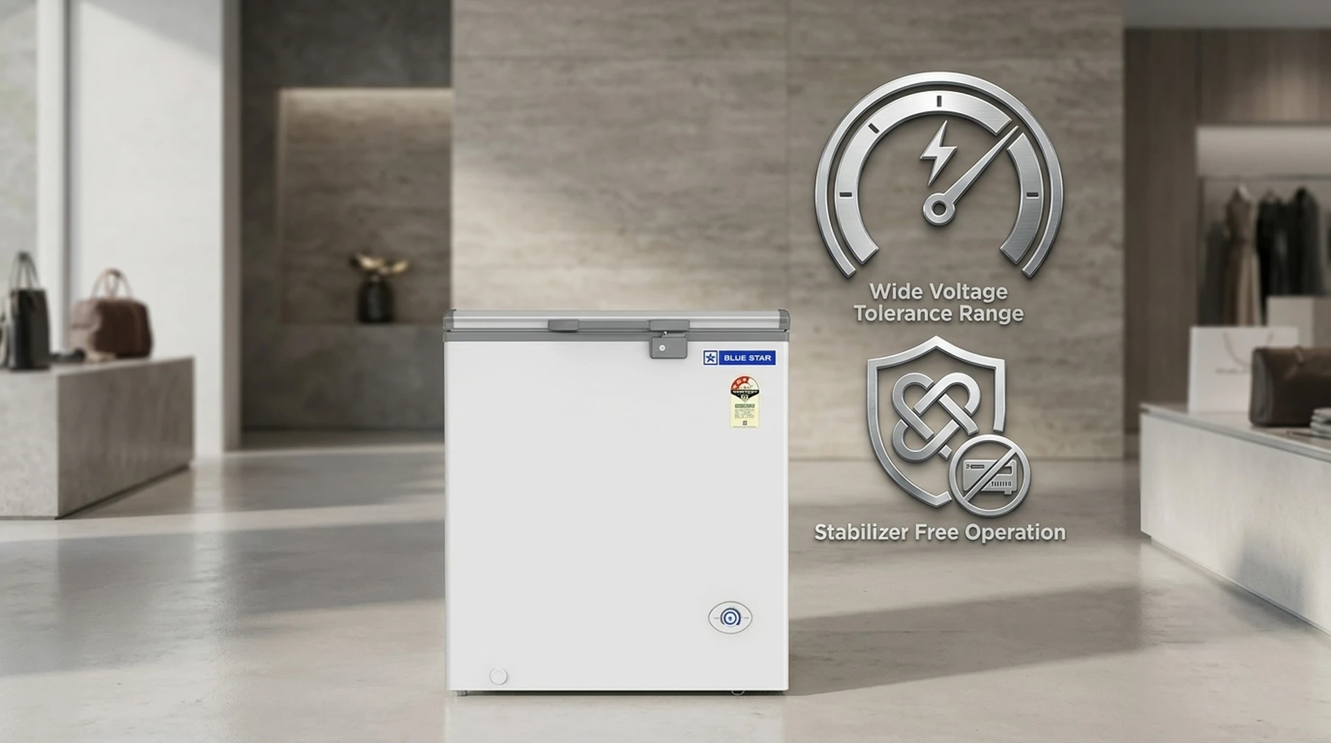 Blue Star CF3-130NEYW deep freezer wide voltage tolerance range stabilizer free operation