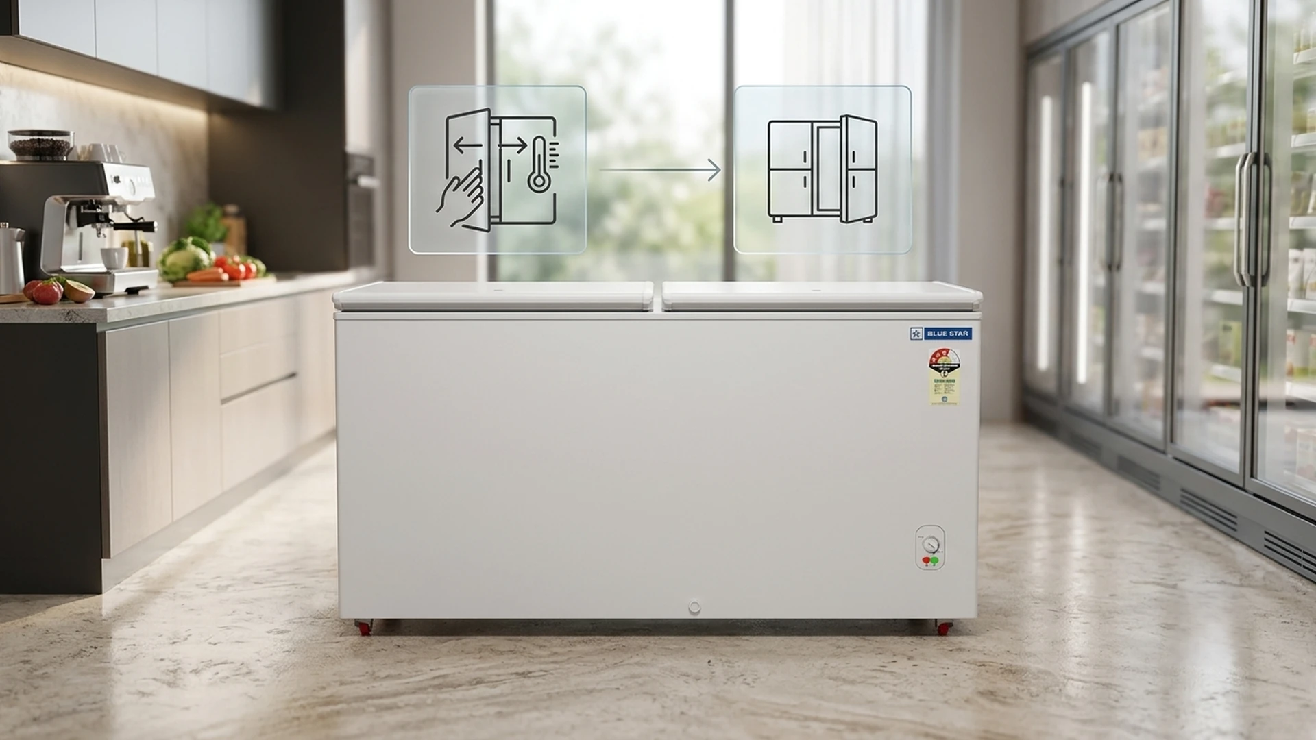 Alt Text: Blue Star CF3-500MEW deep freezer energy efficient design with two Door