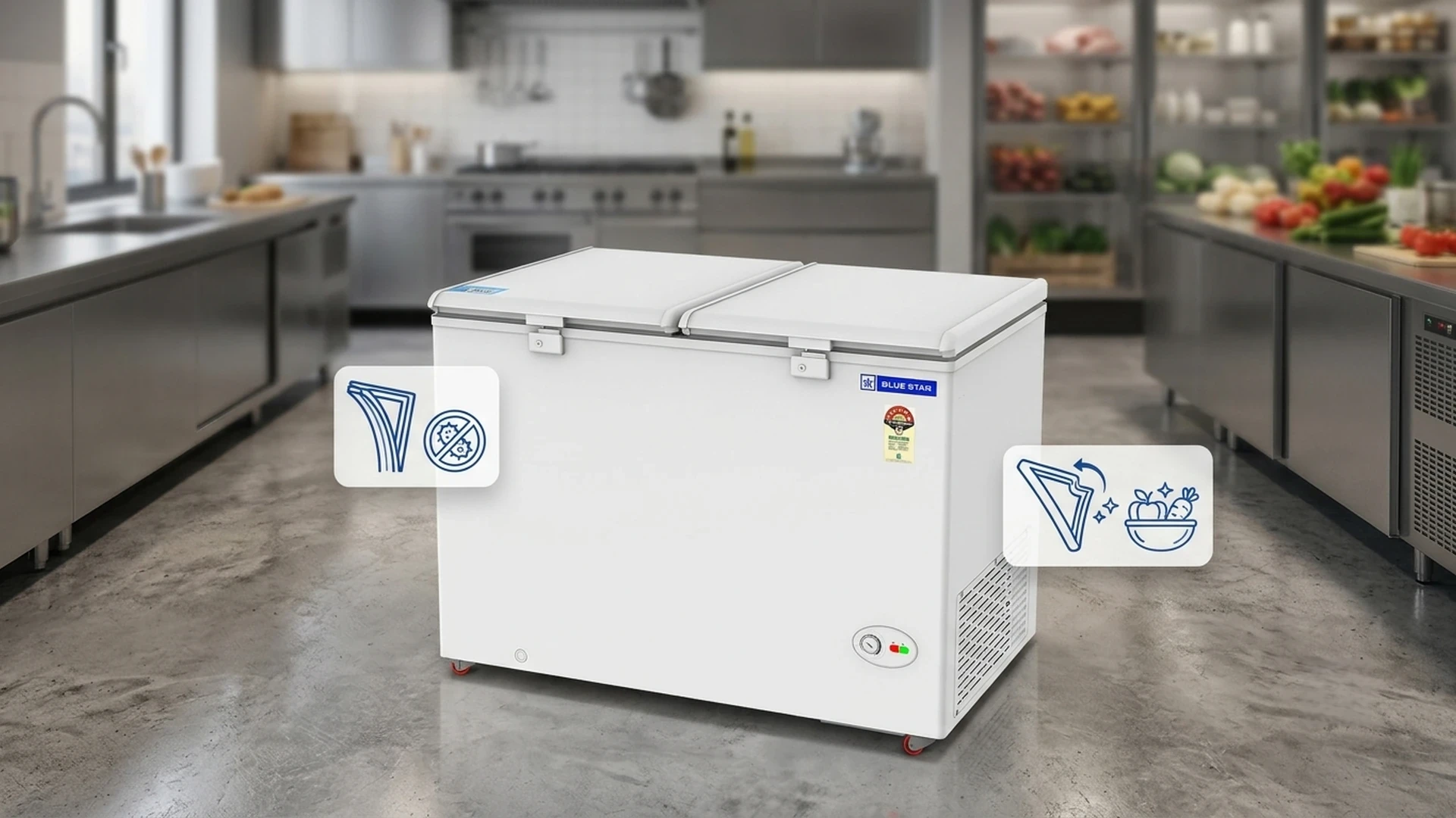 Anti-bacterial removable gasket on Blue Star CF5-396NEYW deep freezer