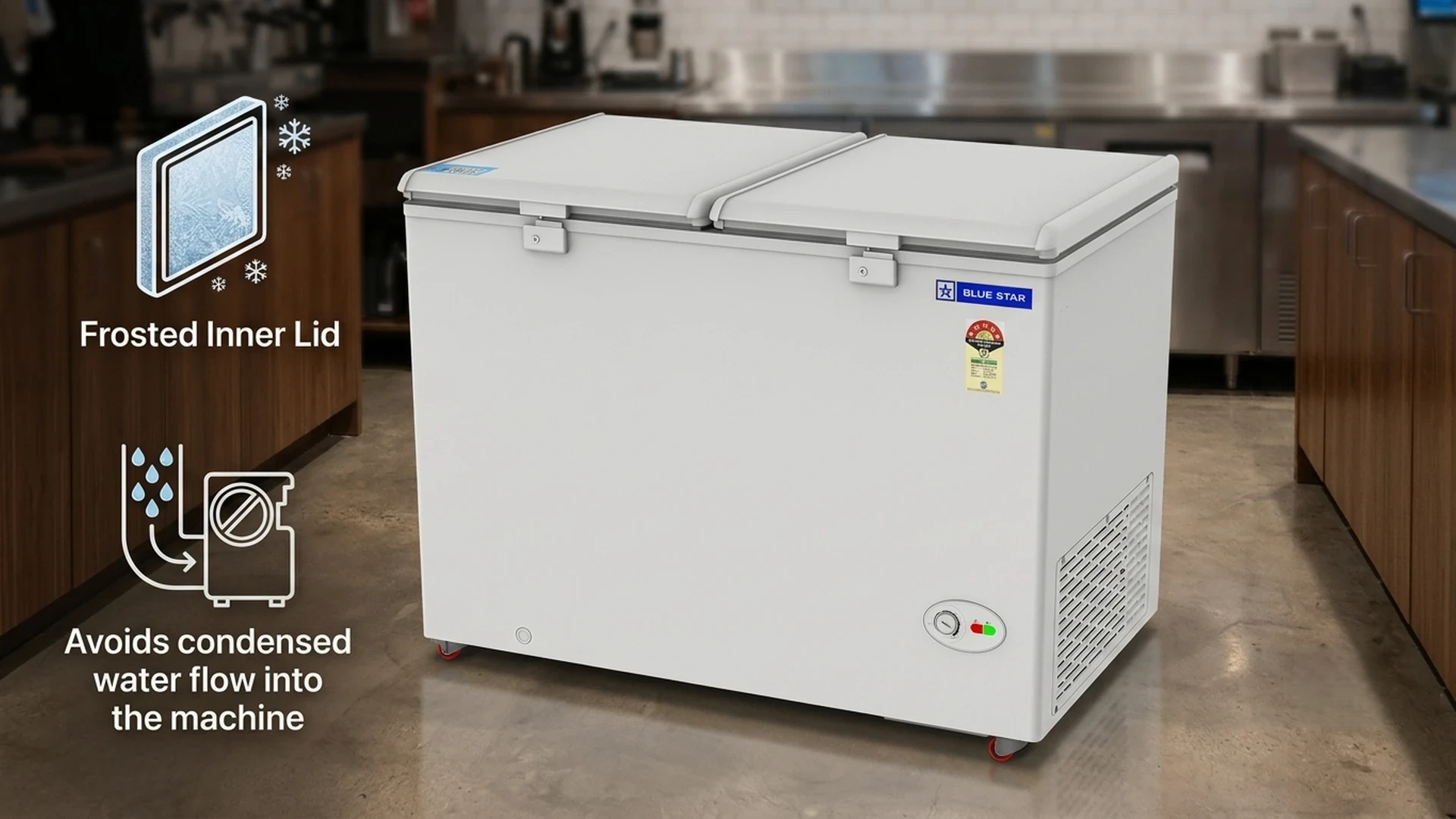 Frosted inner lid design of Blue Star CF5-396NEYW deep freezer preventing condensation