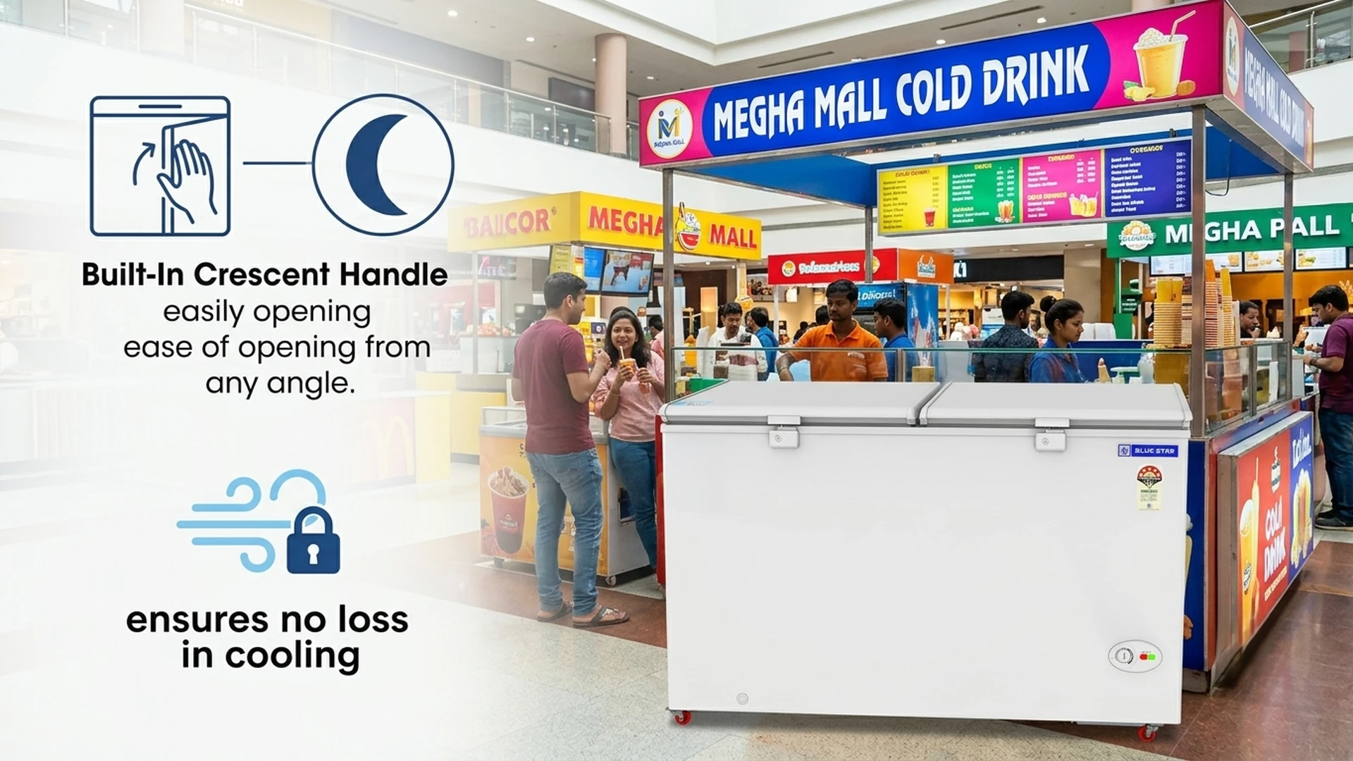 Blue Star CF5-575NEYW deep freezer curved door design with built-in crescent handle