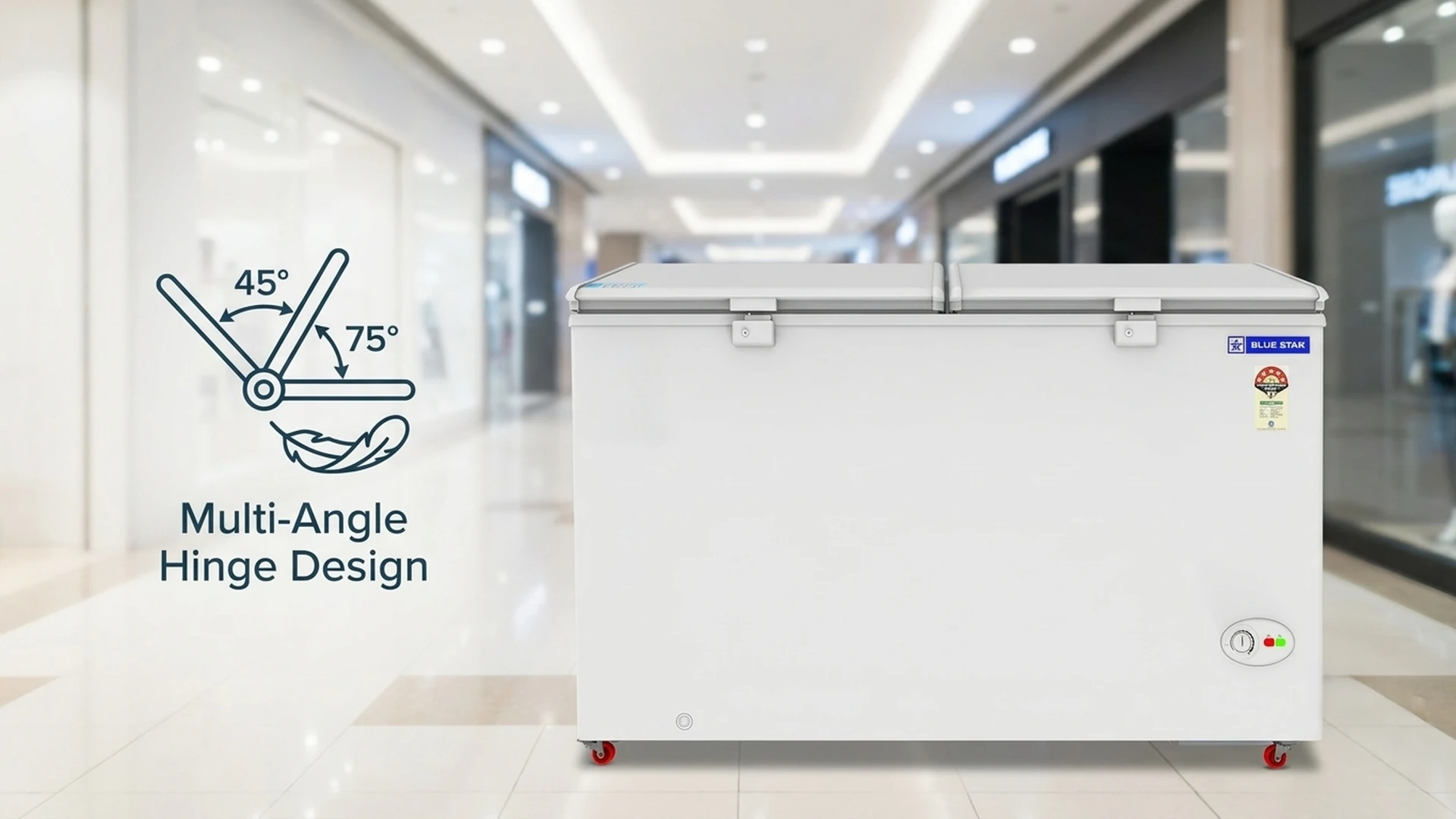 Blue Star CF5-460NEYW 410L deep freezer multi-angle hinge lid design 45° 75°