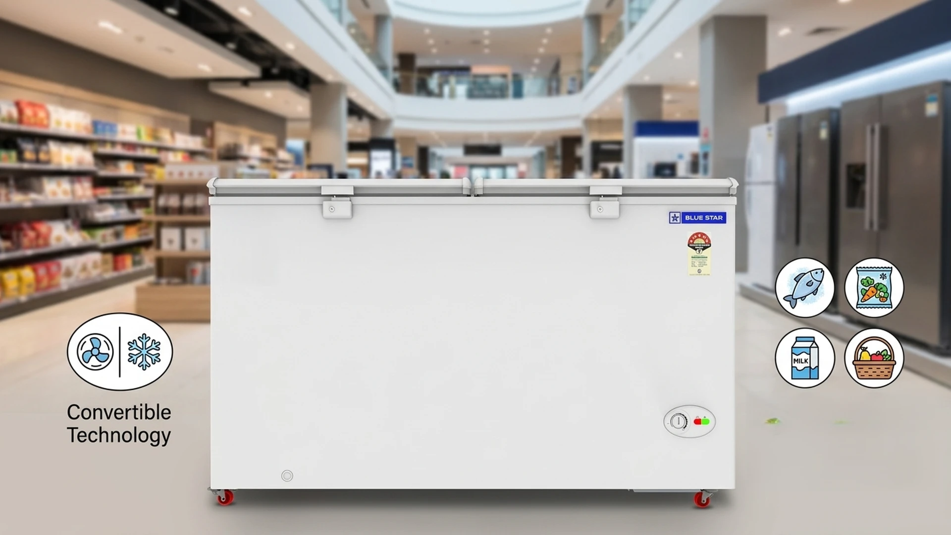 Blue Star CF5-575NEYW deep freezer convertible technology switching cooling and freezing