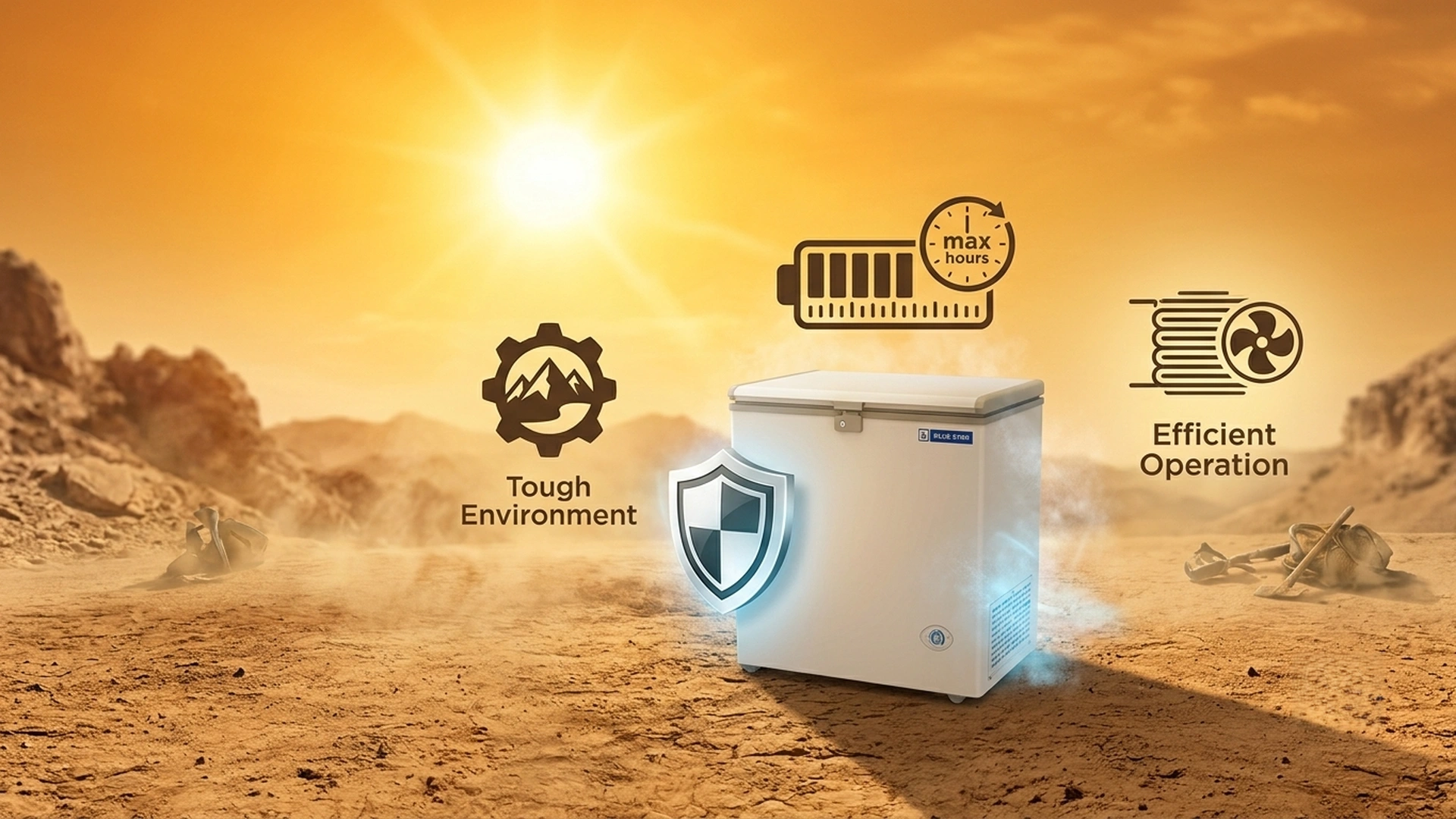 Blue Star deep freezer HT3-N180 shown withstanding harsh desert summer heat
