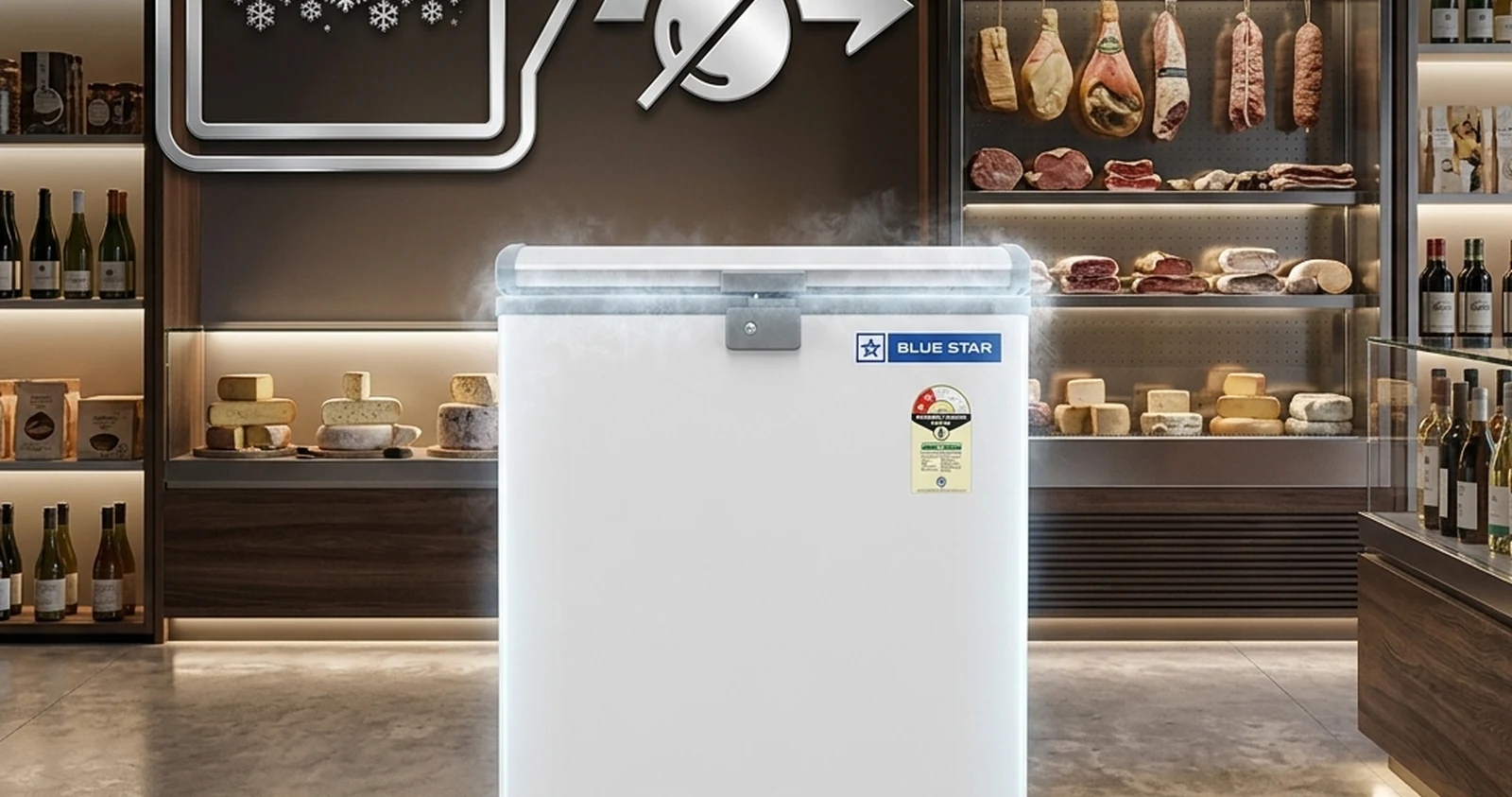 Frosted inner lid design of Blue Star hard top deep freezer preventing condensation