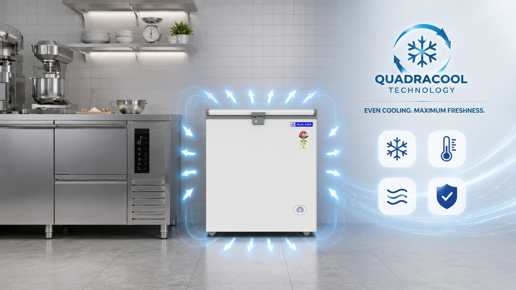 Quadra Cool technology diagram showing four-sided cooling in Blue Star cf4-230neyw deep freezer