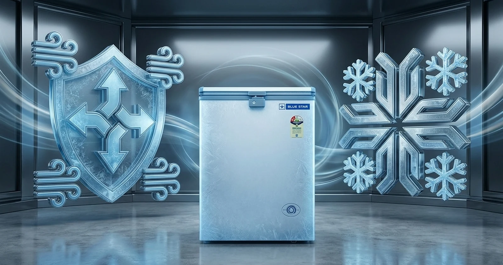 Quadracool technology diagram showing four-sided cooling in Blue Star deep freezer