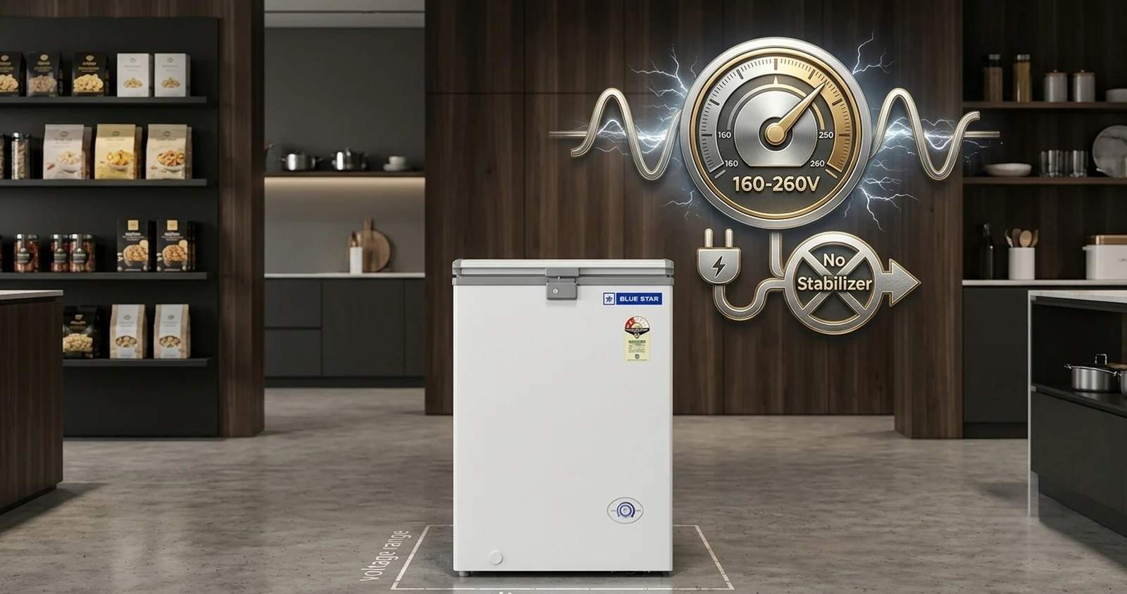 Blue Star deep freezer with wide voltage range 160 to 260 volts, no stabilizer needed