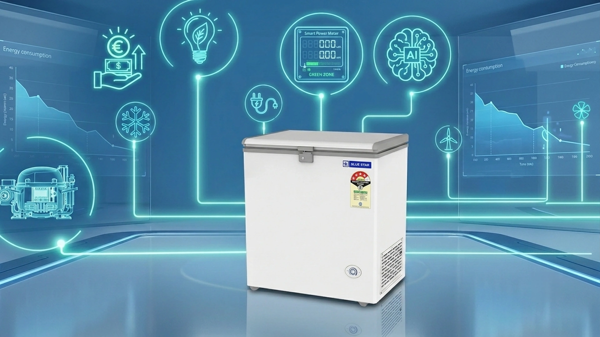 Blue Star CF4-180NEYW deep freezer with AI-based smart power meter for energy savings
