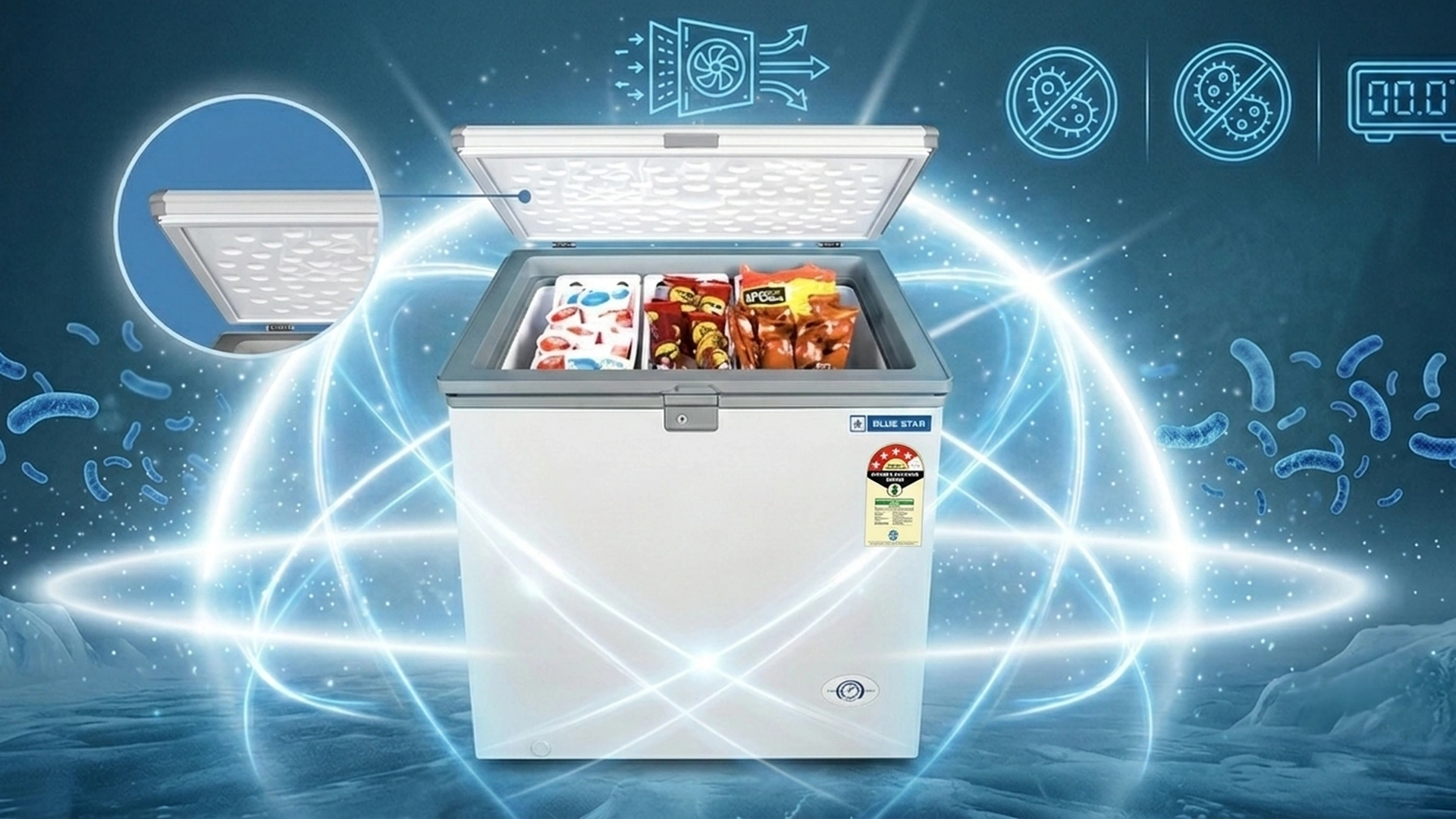 Blue Star CF4-180NEYW deep freezer open lid showing anti-bacterial gasket and stored food