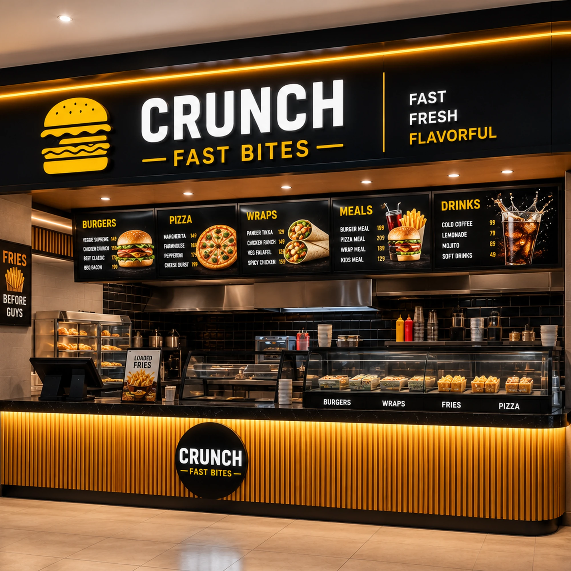 Crunch Fast Bites mall food counter with burger and pizza menu display