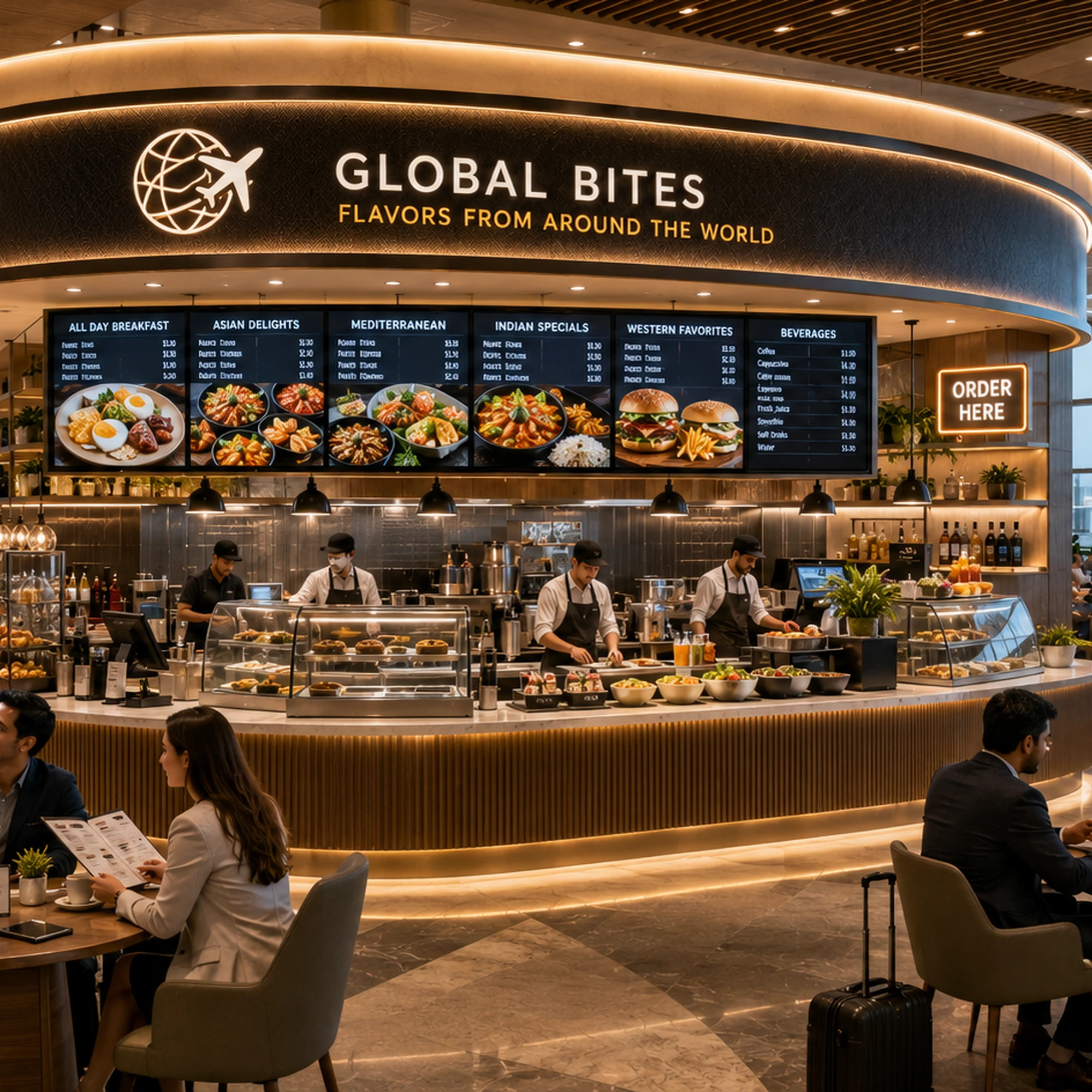 Global Bites airport food court counter with fresh food display