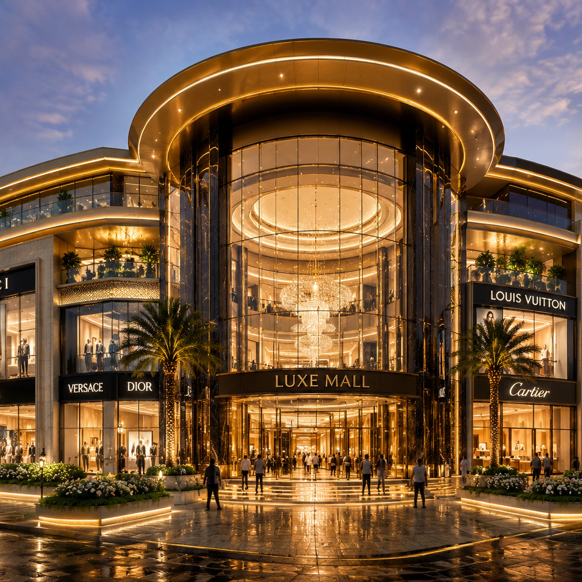 Luxe Mall luxury retail storefront entrance at dusk