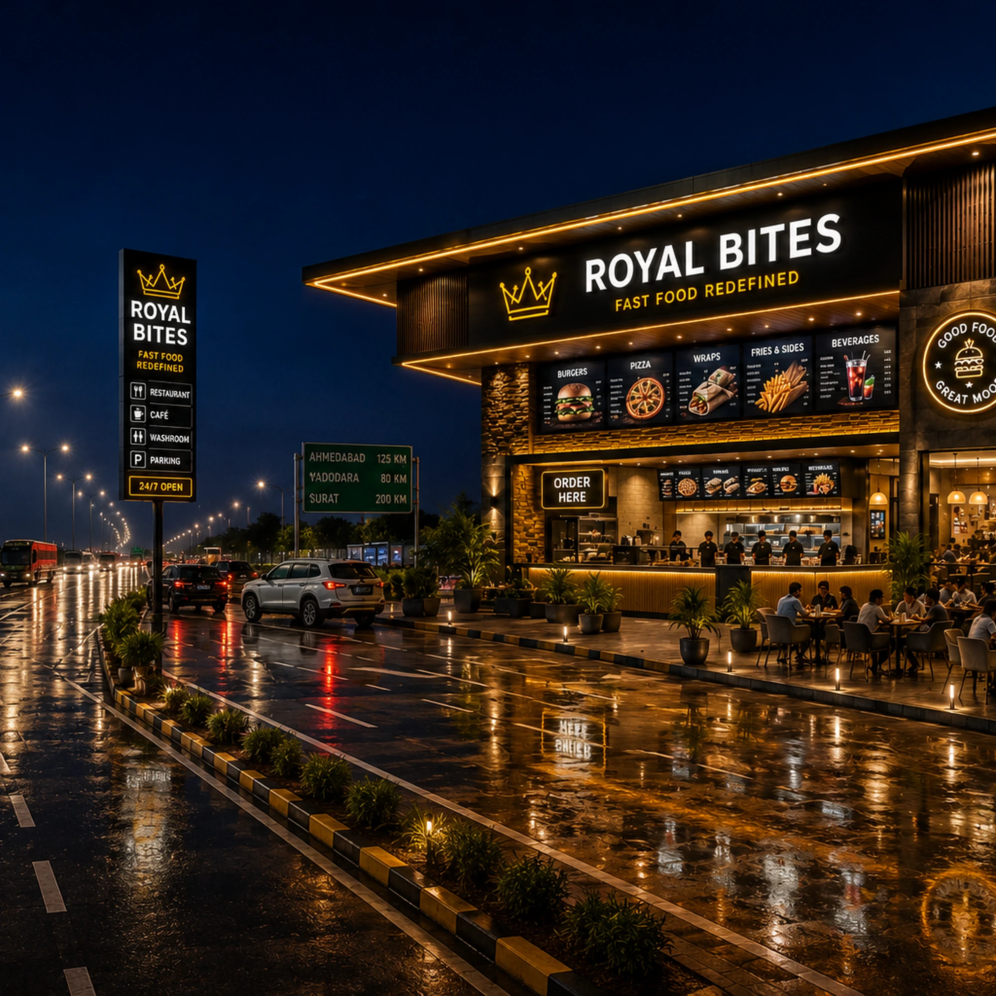 Royal Bites highway QSR restaurant at night with commercial refrigeration display