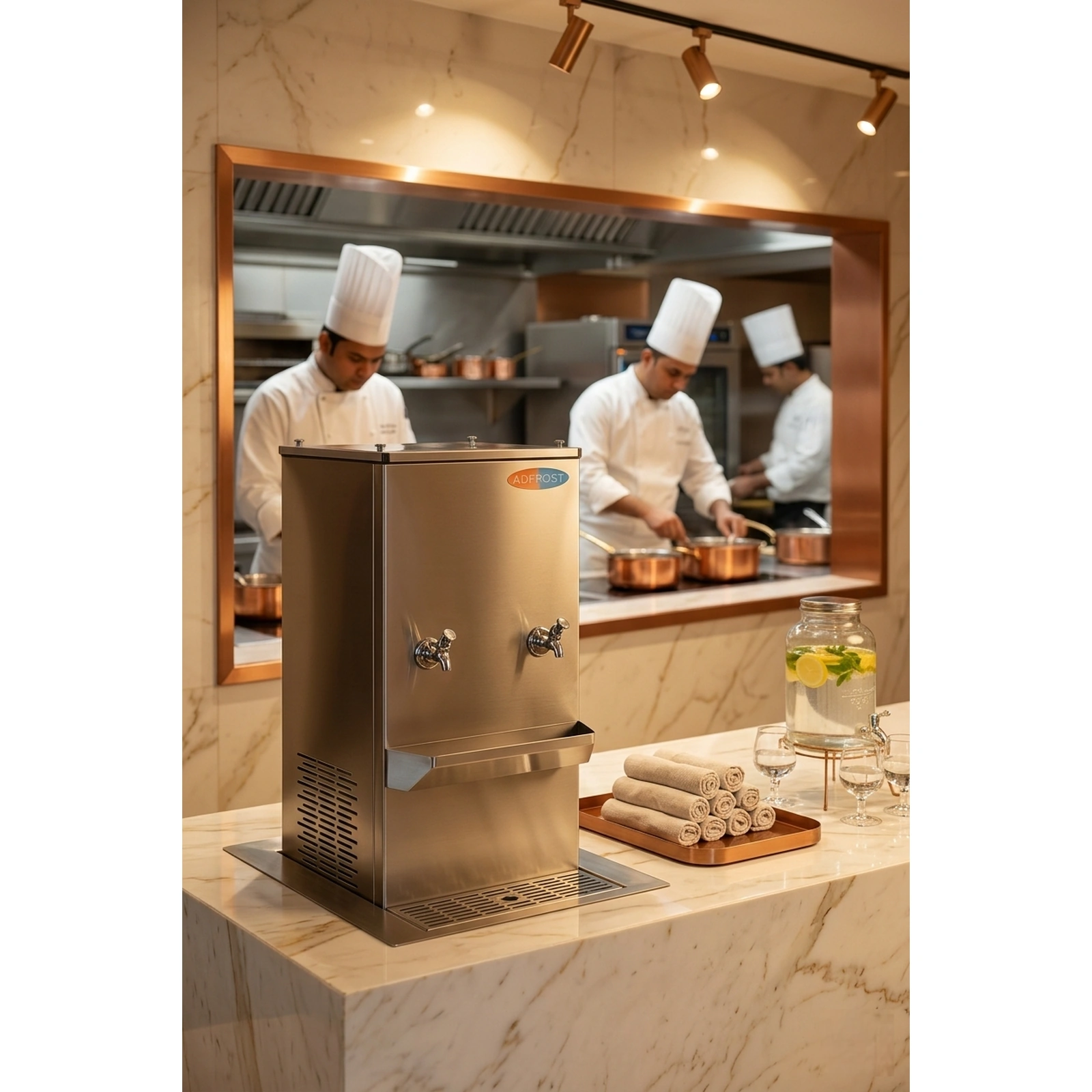 Adfrost water cooler installed in luxury hotel kitchen counter