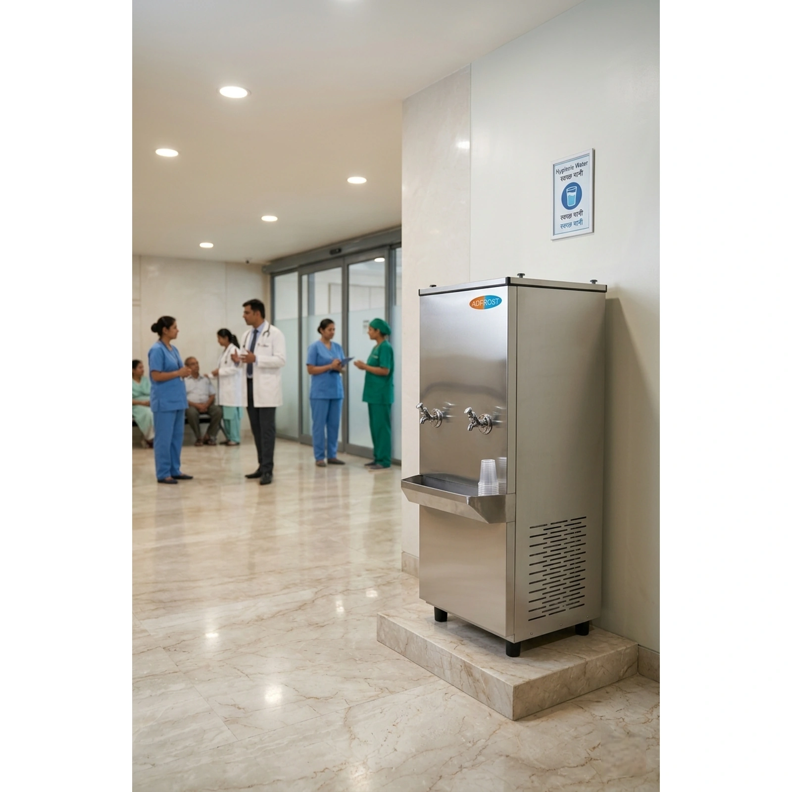 ADFROST stainless steel water cooler installed in a modern hospital