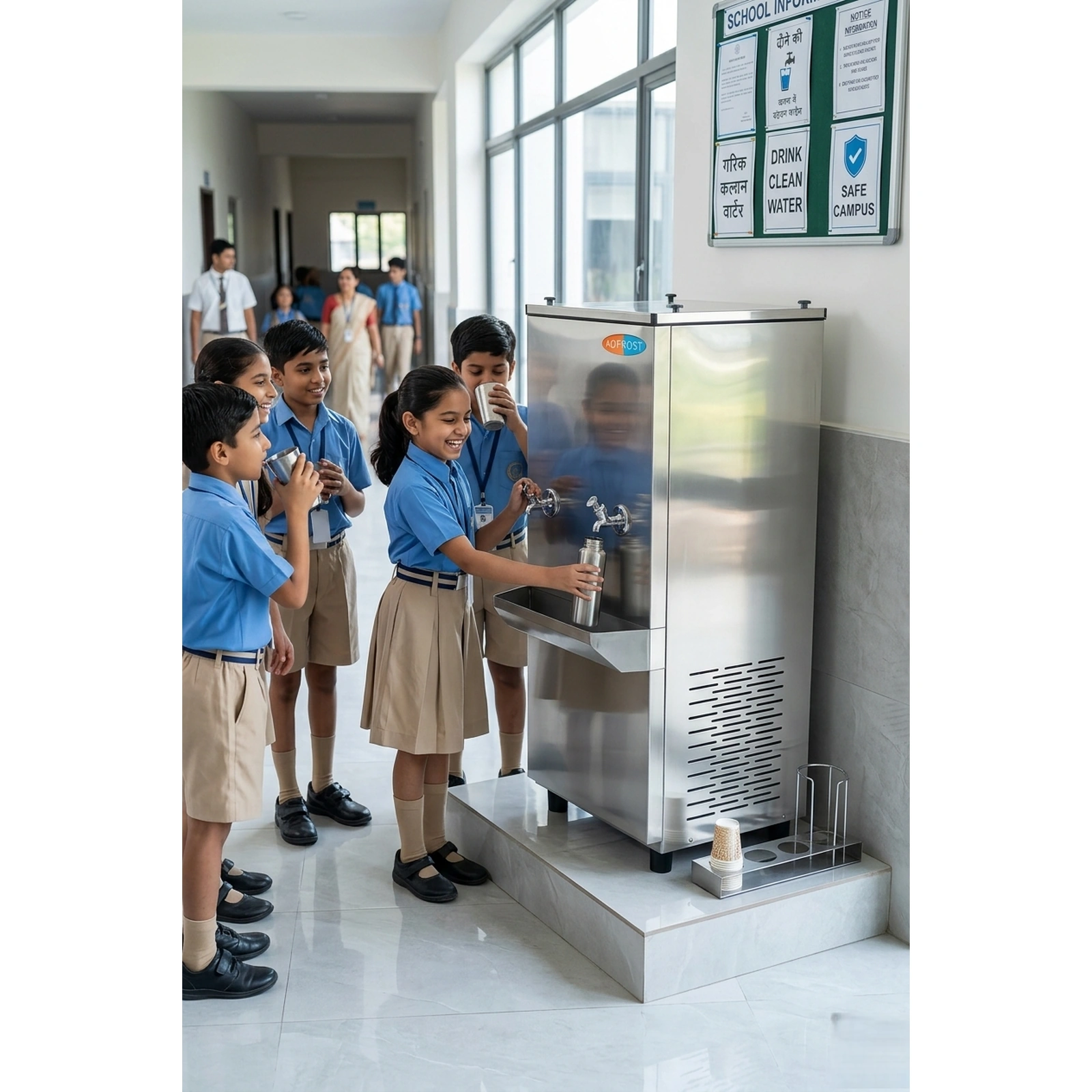 Adfrost water cooler installed in school students drinking safe water