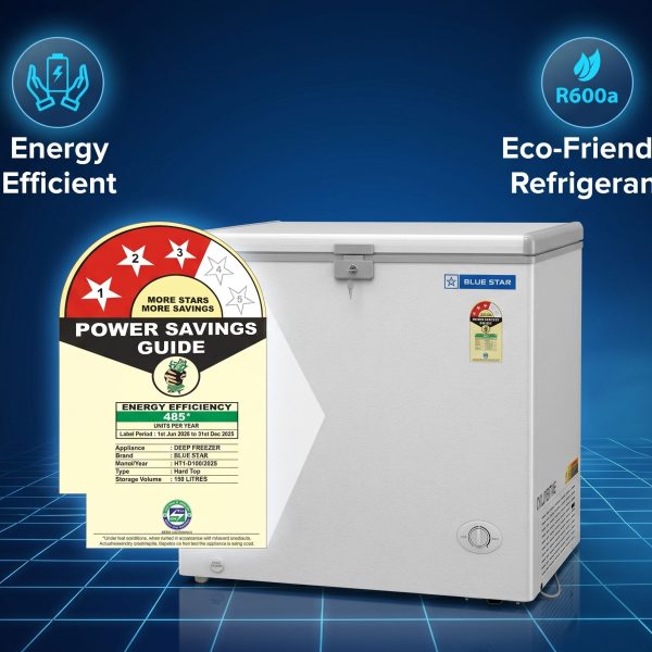 Blue Star HT2-N130 deep freezer with energy efficiency rating and R600a refrigerant.